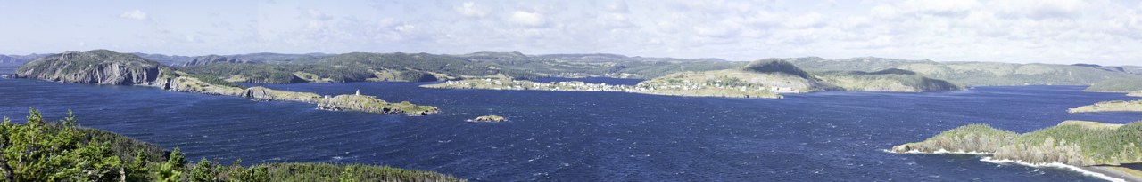 Panorama taken from the Lookout Tower.  Fort Point (L), Trinity (C), White Cove (R)